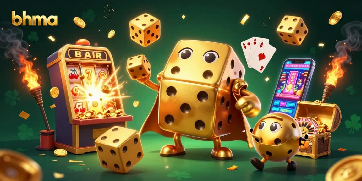 Engage with bhma's vibrant 3D casino scene featuring golden dice, jackpots, and lively game elements.