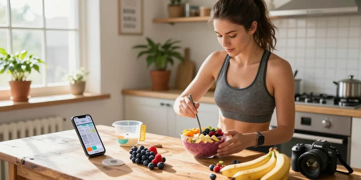 Discover the best macro tracking app in action, featuring an active woman preparing a healthy smoothie.