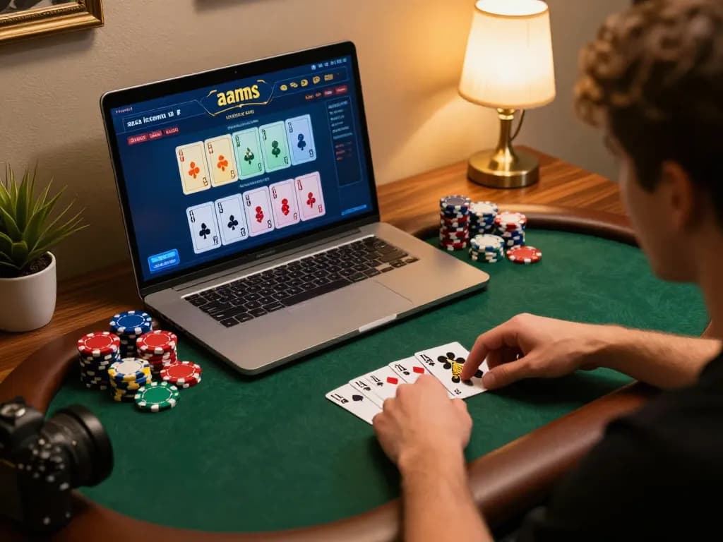 Engaging online poker gameplay at home using casino senza licenza aams platform on laptop.