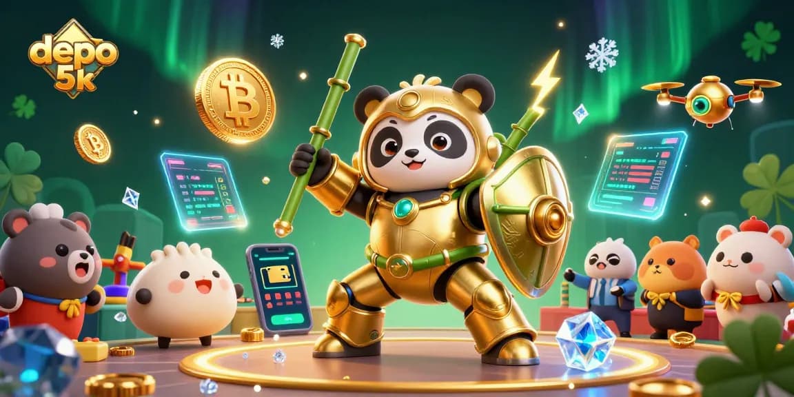 Experience thrilling gaming action with depo 5k; dynamic 3D scene featuring golden panda robot, crypto coins, and a vibrant casino atmosphere.