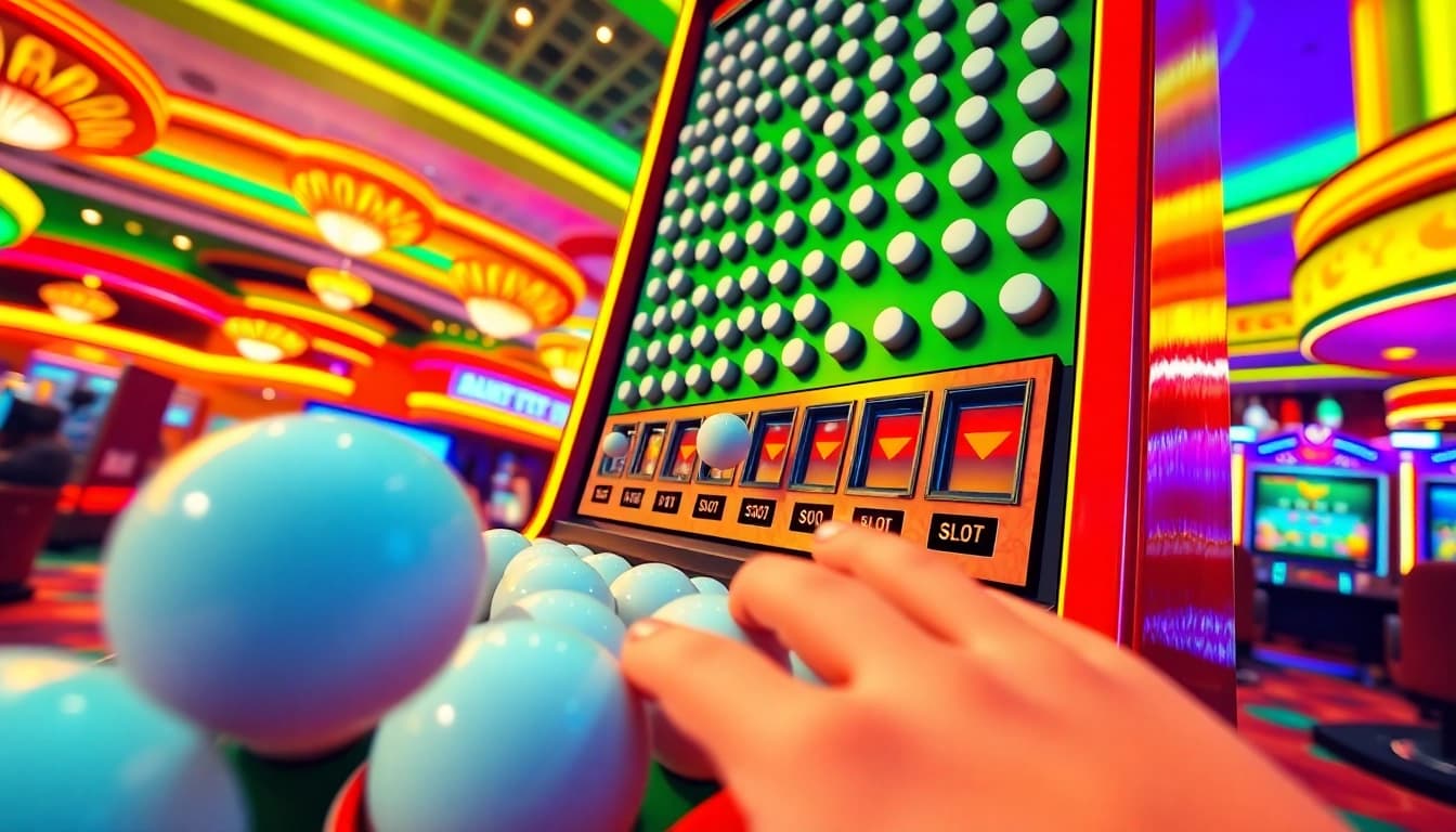Permainan slot plinko yang menarik dengan bola jatuh menuju hadiah, menghadirkan keseruan.