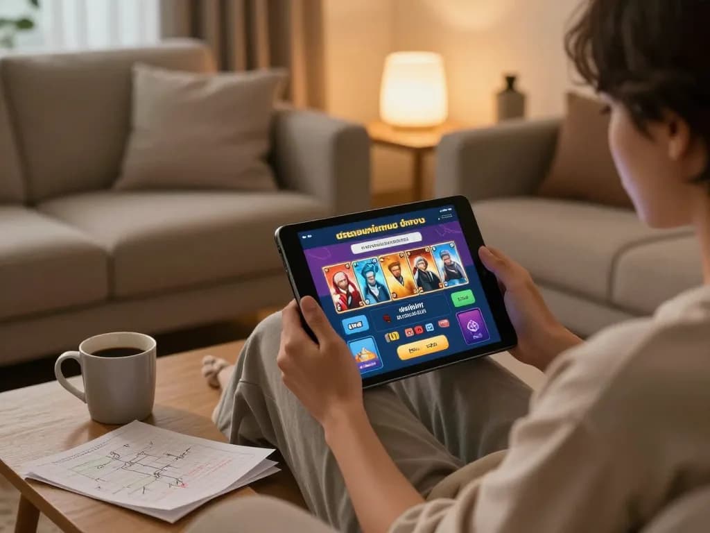 Engaging in สล็อตทดลอง gameplay on a cozy tablet setup in a stylish living room.