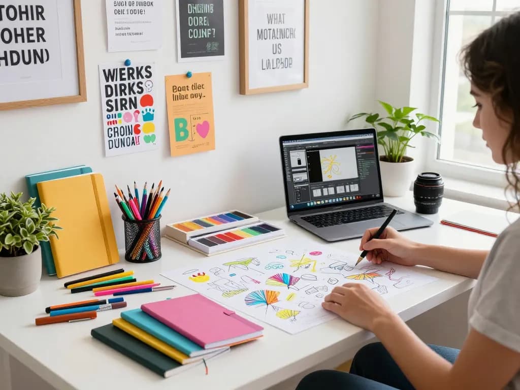 Creative workspace focused on custom notebooks with vibrant designs and artistic supplies.