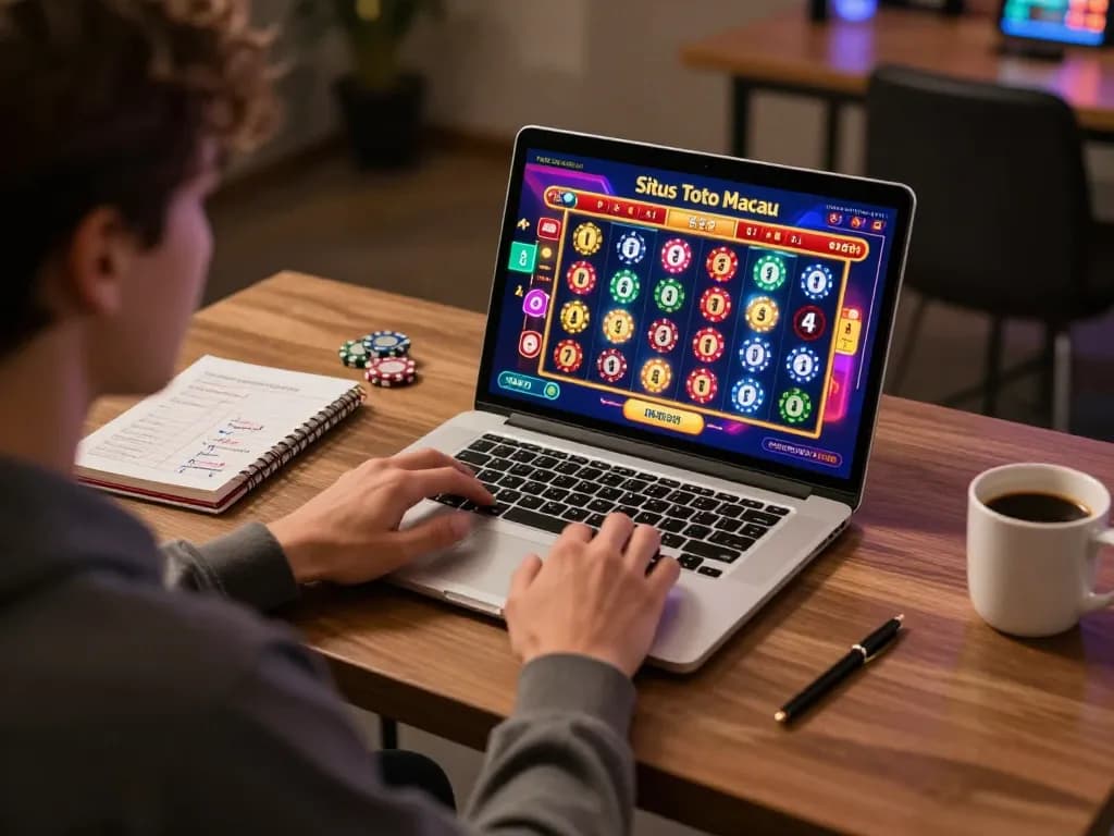 Situs Toto Macau betting action displayed on a laptop screen, showcasing an engaging online gambling environment.