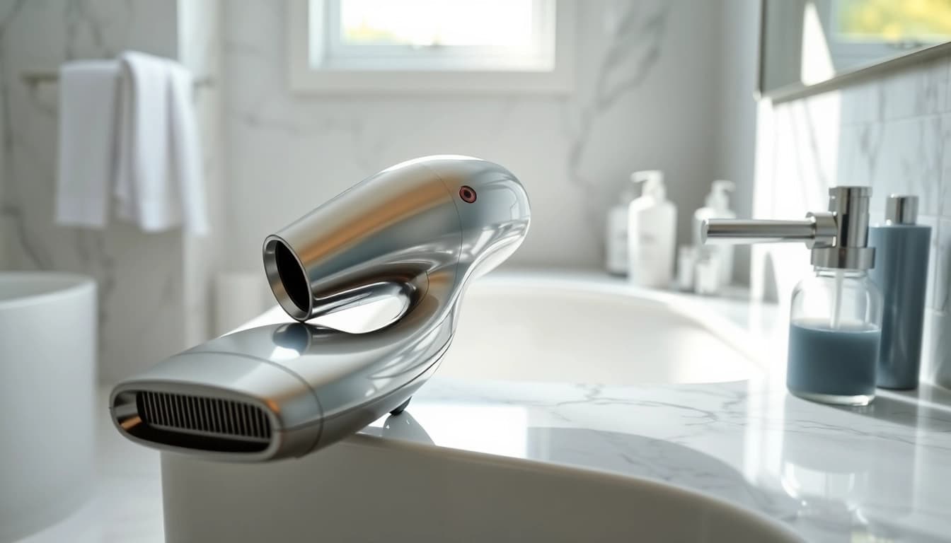Styling with a hair dryer for fine hair, showcasing its sleek design and shine.