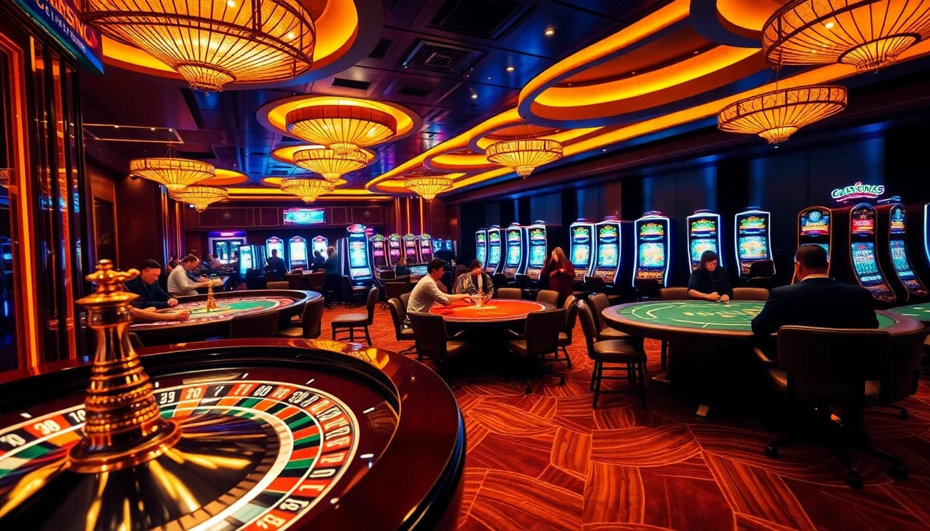 Découvrez l'excitation d'un casino en ligne français avec des joueurs autour d'une roulette dynamique et de tables de poker.