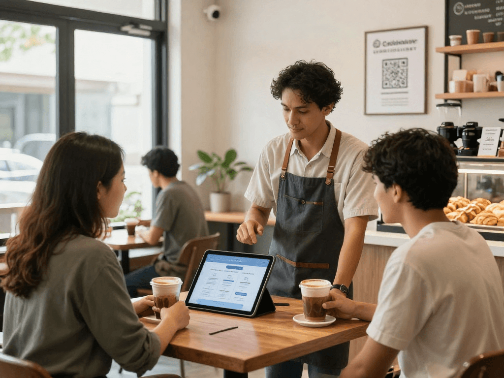 Loyalty application being showcased by a small business owner in a coffee shop, creating a welcoming atmosphere for customer engagement.