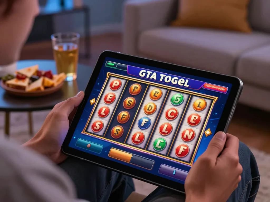 Player enjoying GTAtogel slot game on a tablet in cozy living room setting.