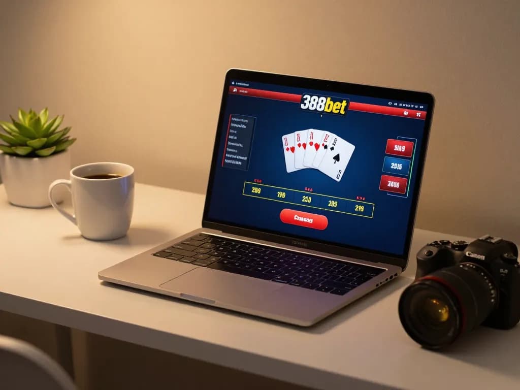 Engaging with 388bet online poker game on a modern laptop at home, showcasing a comfortable gaming atmosphere.