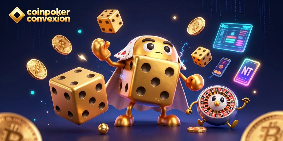 Découvrez coinpoker connexion avec une illustration dynamique et colorée de jeux, jetons et technologies crypto.