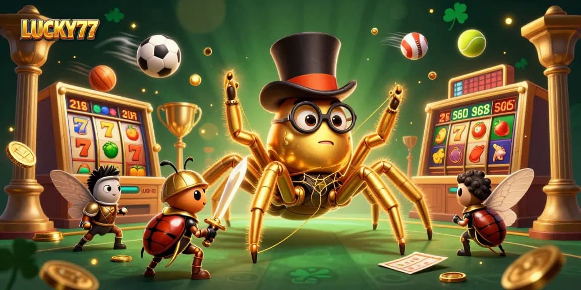 Experience excitement with LUCKY77 as golden tarantula weaves a thrilling casino scene.