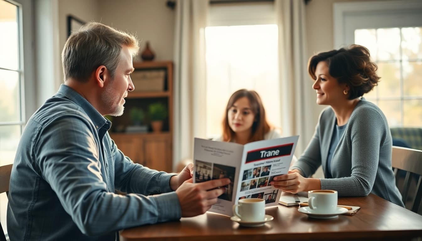 Trane furnace dealer providing expert advice to a family in a warm, inviting setting.