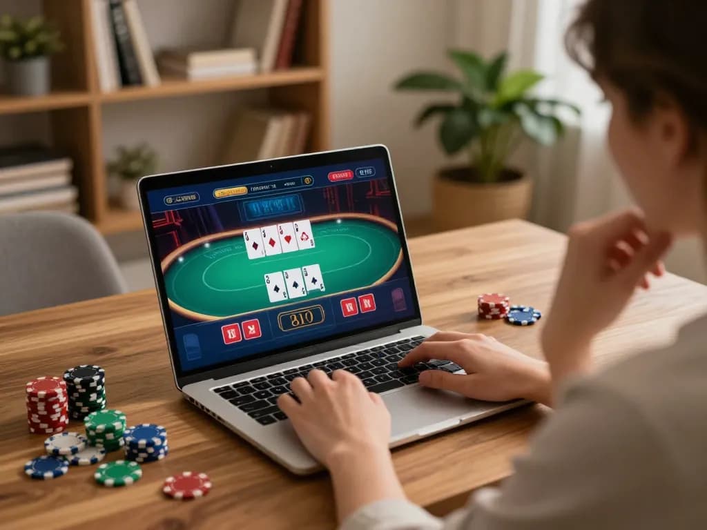 Engaging online gaming atmosphere with keonhacai 5 in use on a laptop for strategic casino gameplay.