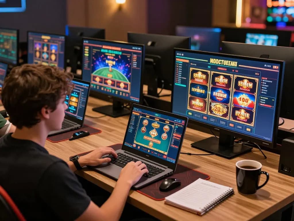 Engaged player using F168 to enjoy online casino gaming with modern setup and multiple screens.