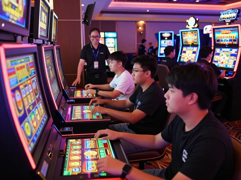Engaging atmosphere of players on situs slot gacor enjoying vibrant online slot machines in a lively casino.