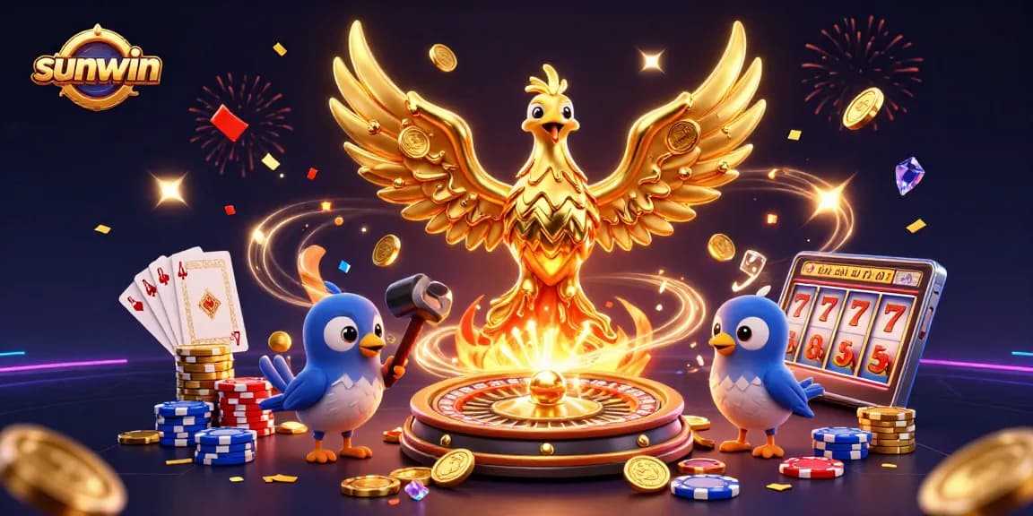 Experience thrilling wins at Sunwin's vibrant casino with a golden phoenix and sparkling gems.