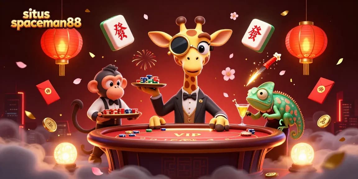 Situs Spaceman88 brings vibrant casino action with a high-roller giraffe at a poker table surrounded by dynamic game elements.