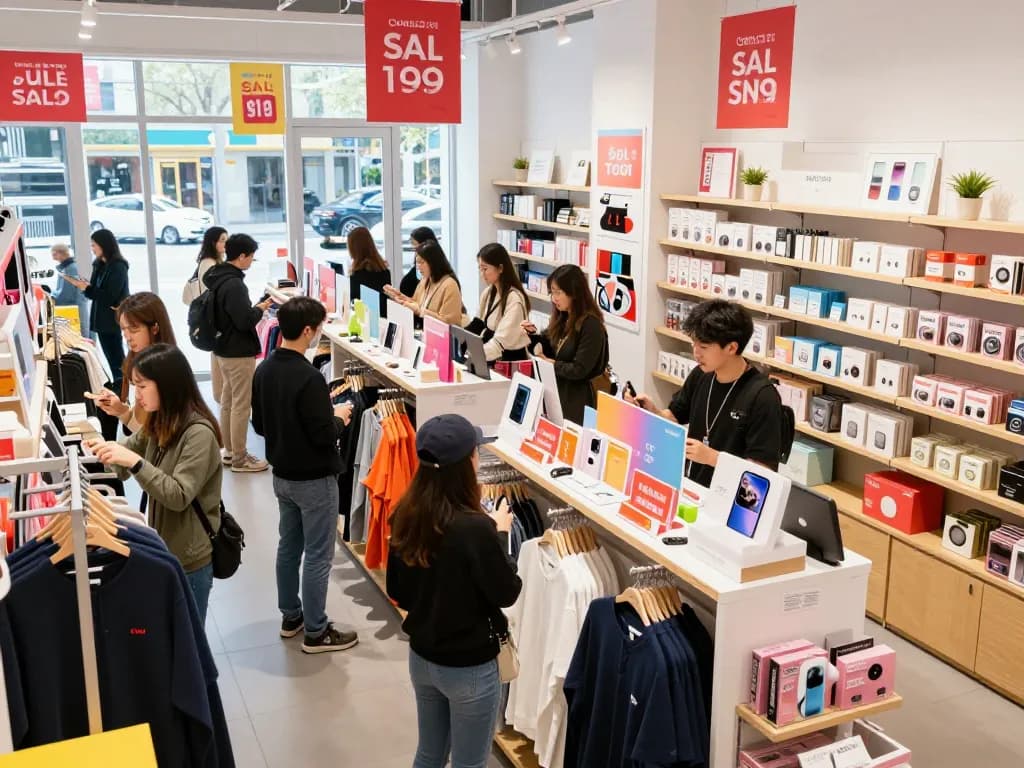 Engaging shopping scene at https://hubet88.icu/ featuring customers enjoying special sale event and new product displays.