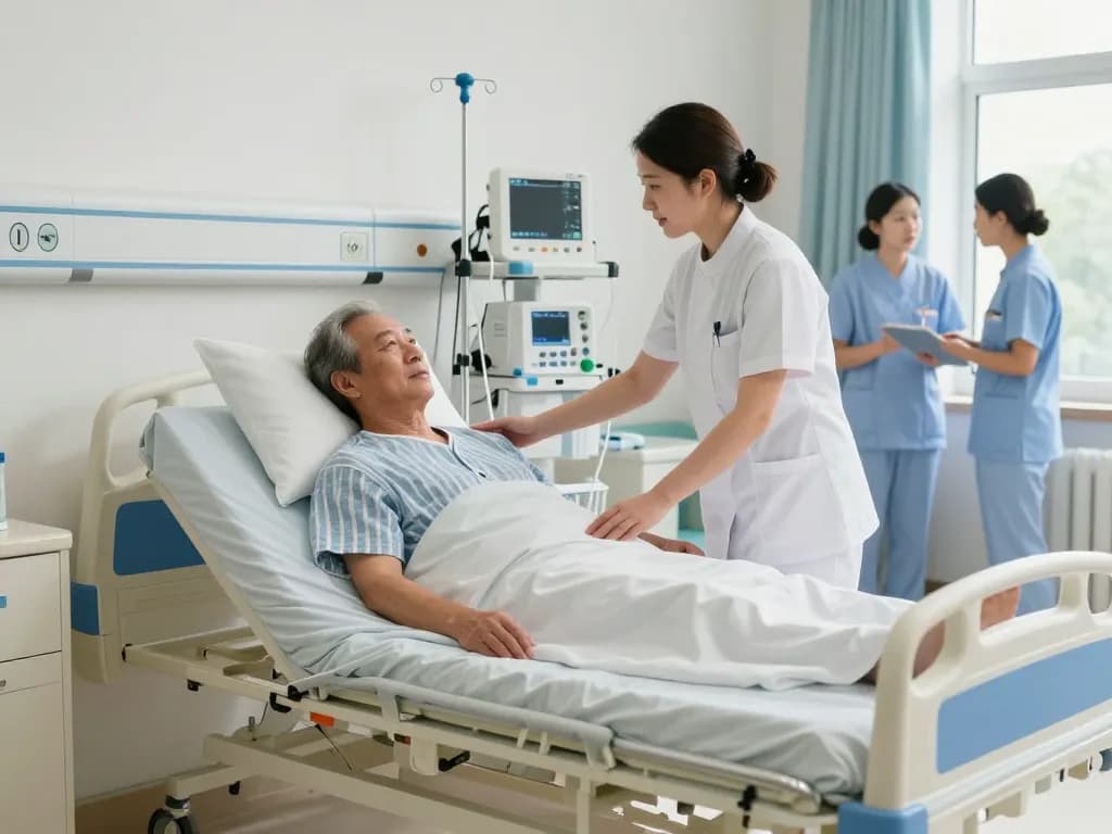 giường bệnh nhân in a hospital room with a nurse adjusting for patient comfort