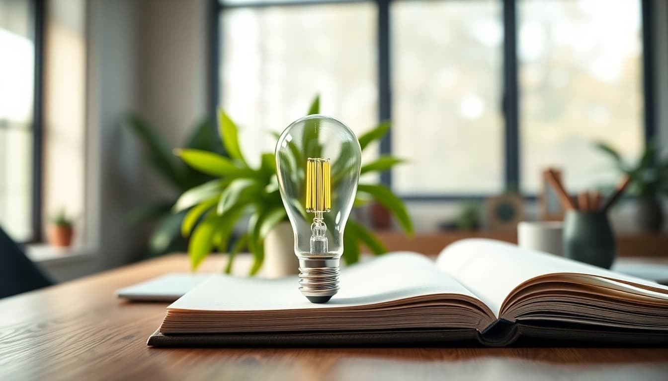 Highlighting g16 bulb shining brightly on a modern desk with greenery.