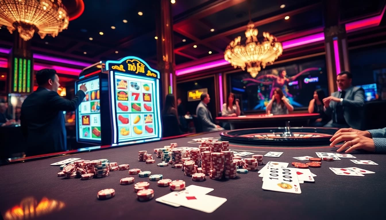 Players enjoying the thrilling nổ hũ slot machine experience in a vibrant casino atmosphere.
