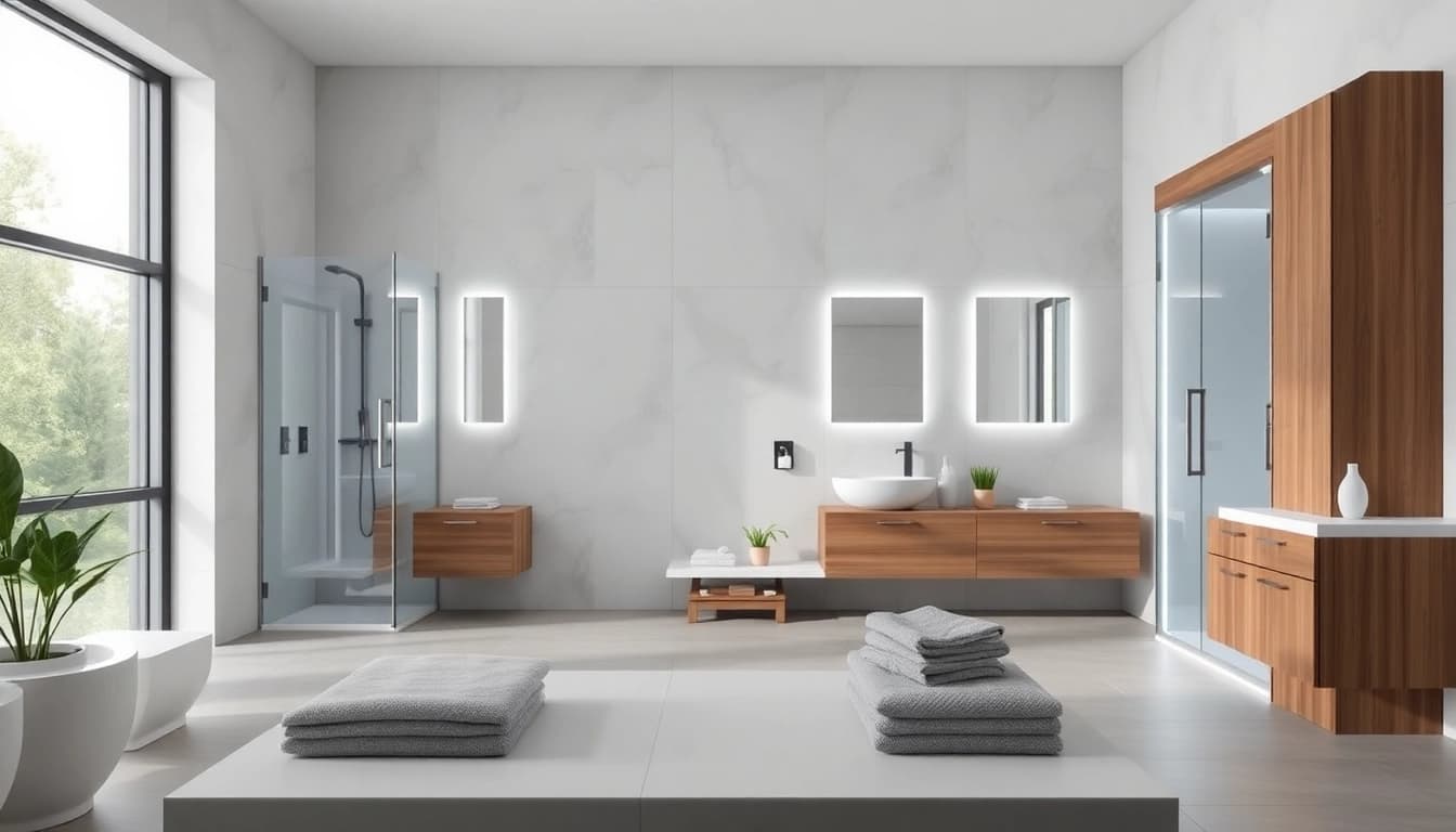 Améliorez votre salle de bain avec sirhona fr grâce à des miroirs LED et des cabines modernes.