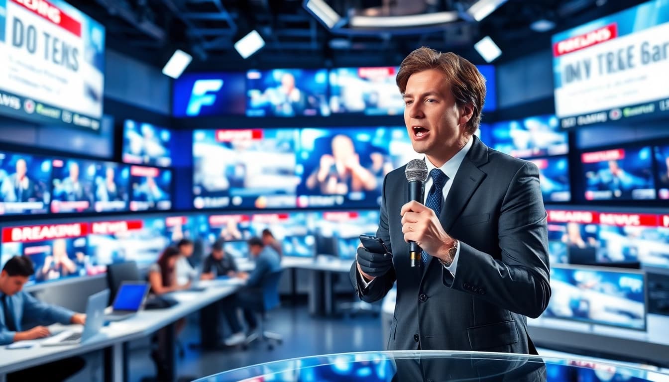 Report on the latest news with a dynamic journalist in a bustling newsroom.