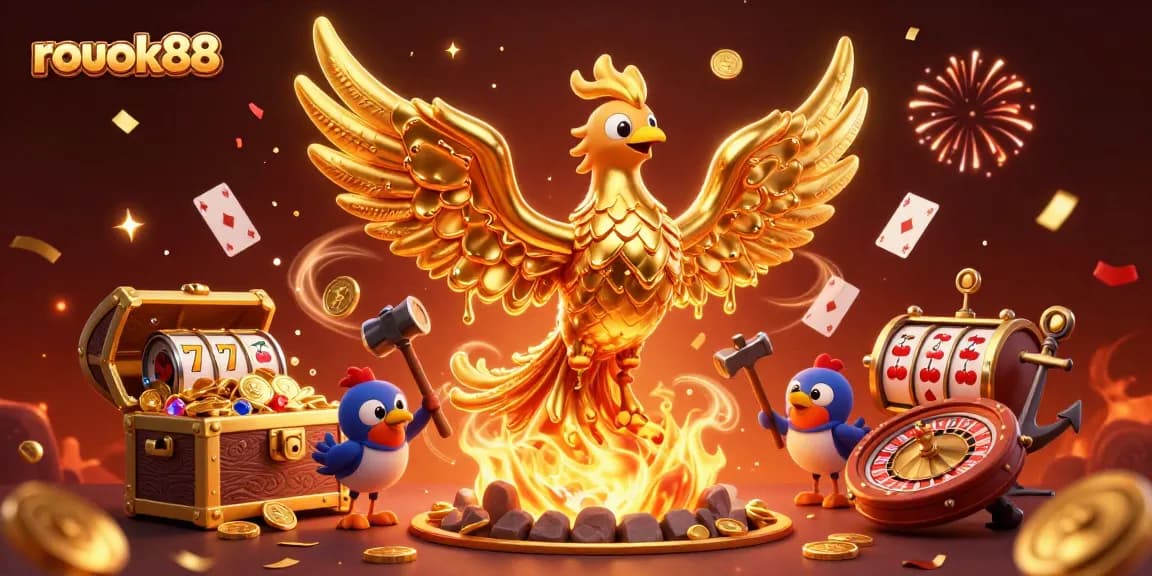 Engage with rokok88's vibrant 3D representation of a golden phoenix amidst dynamic casino elements, celebrating luck and fortune.