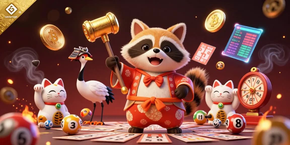 Engage with bandar togel through a vibrant illustration depicting lottery games, crypto coins, and lucky symbols.