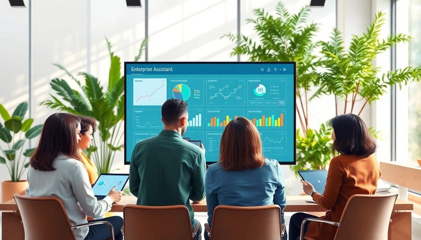 Team collaborating using enterprise assistant saas in a modern office.