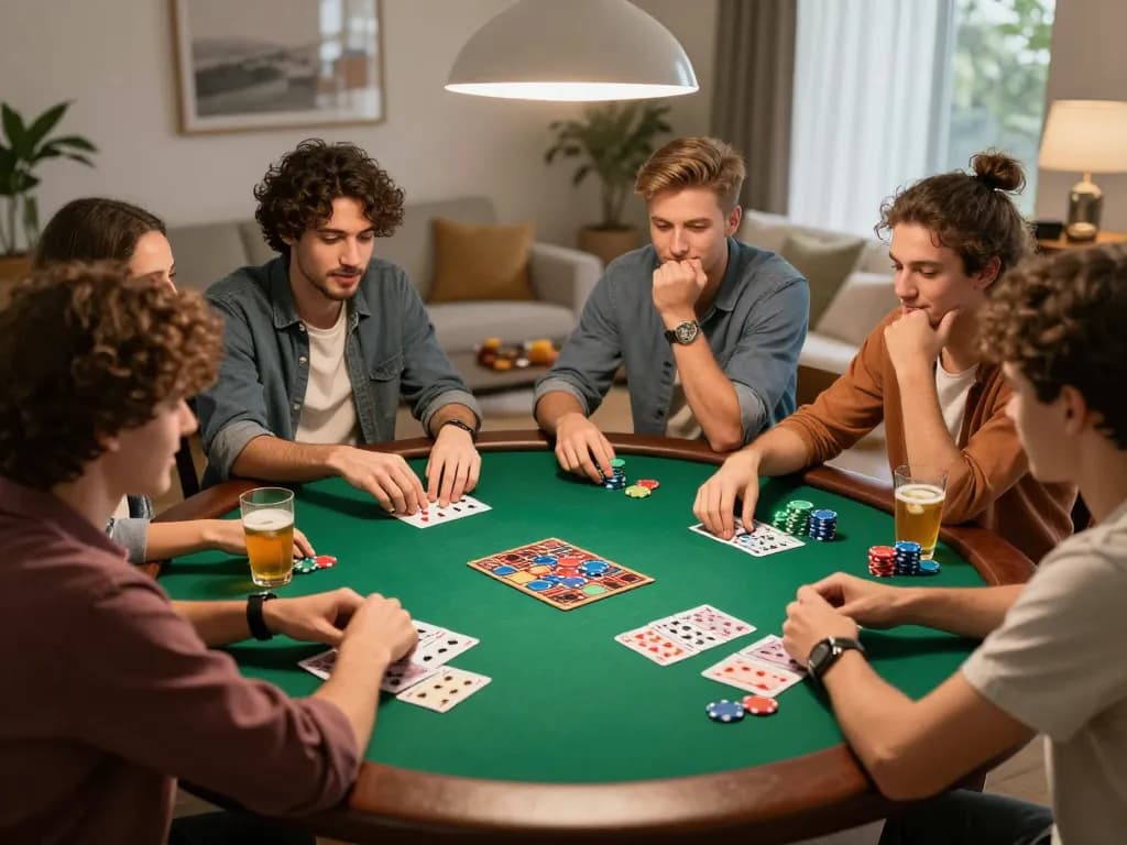 Friends enjoying a competitive poker game while discussing strategies inspired by keonhacai 5.