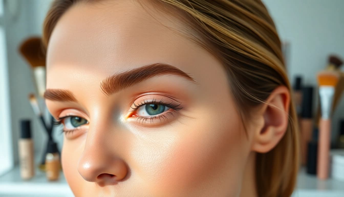 Applying eyebrow pencil light brown for a flawless brow look in a stylish makeup studio.