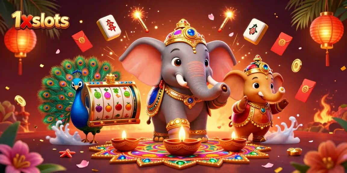 Engage with 1xslots in this vibrant 3D illustration combining a Diwali-themed elephant, slot reels, and rich colors.