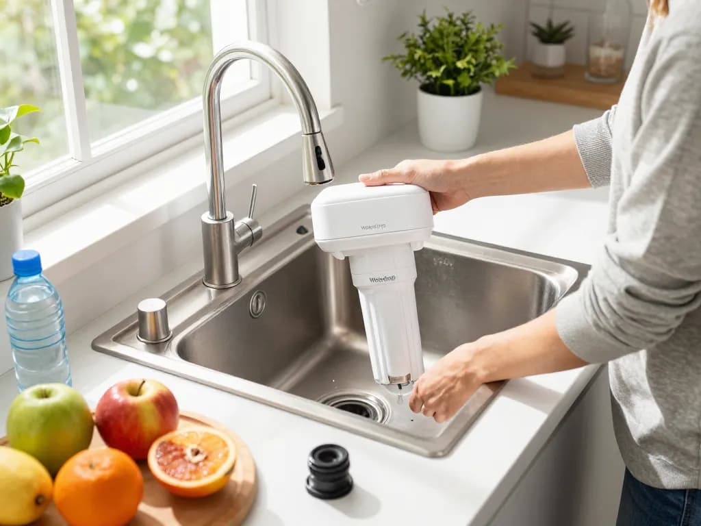 Eco-conscious individual installing Waterdrop LT1000PC ADQ747935 MDJ64844601 Refrigerator Water Filter in a bright kitchen.
