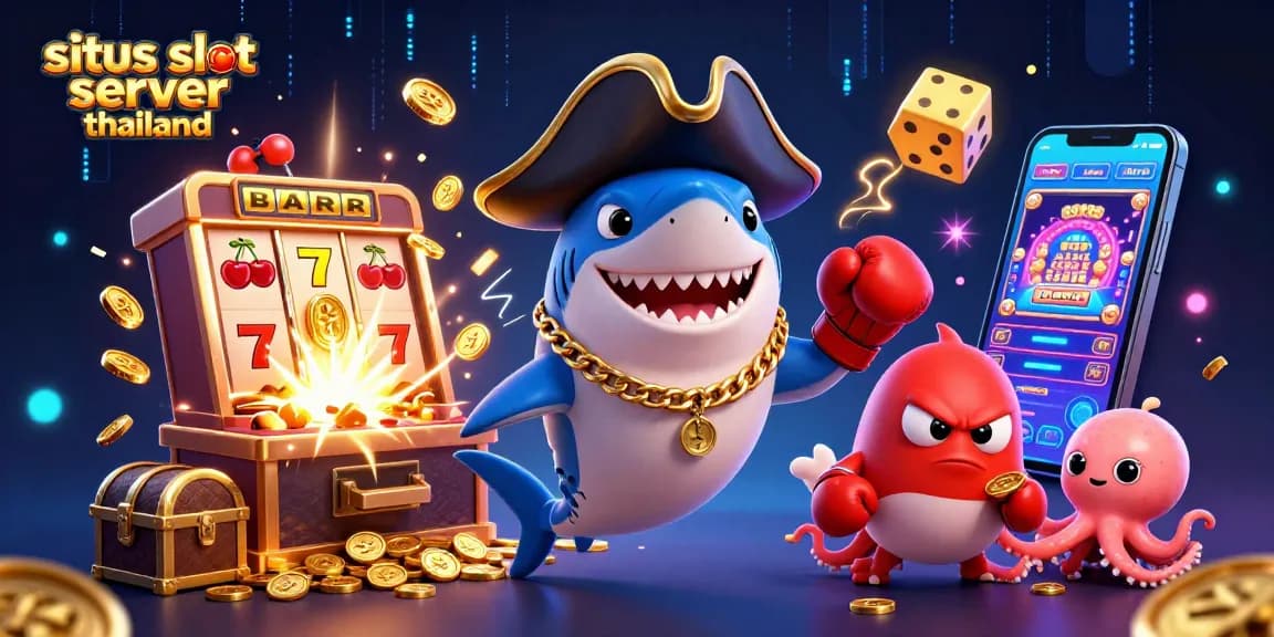 Play slots at situs slot server thailand, featuring a cartoon pirate shark and exciting jackpot elements.