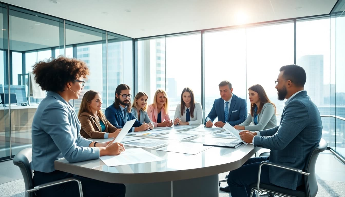 Engaged professionals conducting a Bid-No-Bid Analysis discussion in a bright office.