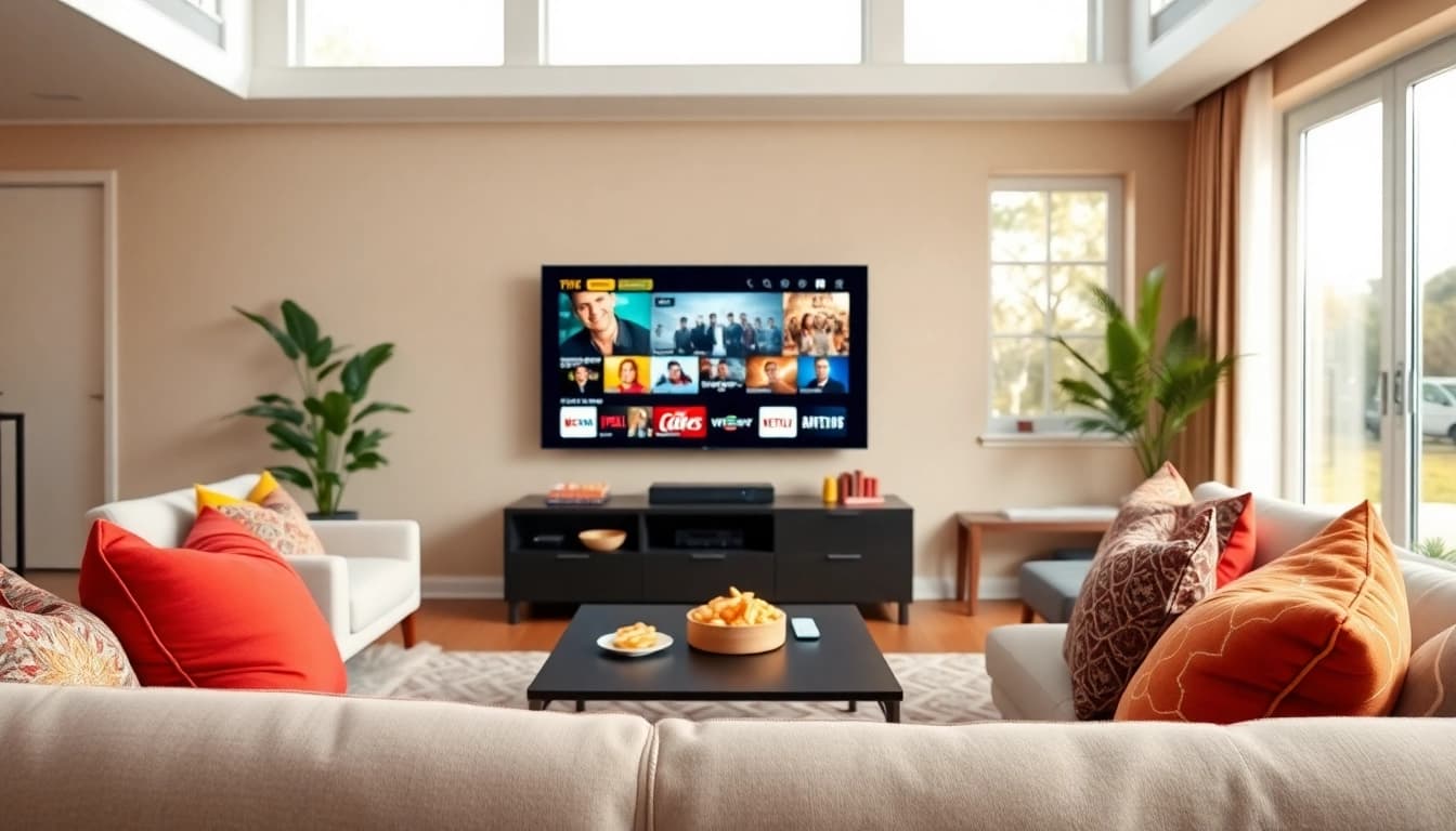 Watch your favorite shows seamlessly on the modern iron tv in a cozy living room setting.