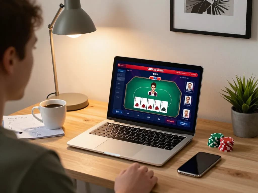 Ikuti poker online dengan pengaturan permainan di rumah yang nyaman yang dilengkapi dengan laptop dan catatan strategi.