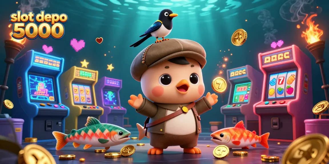 Win big at slot depo 5000 with playful characters amidst a vibrant casino setting.