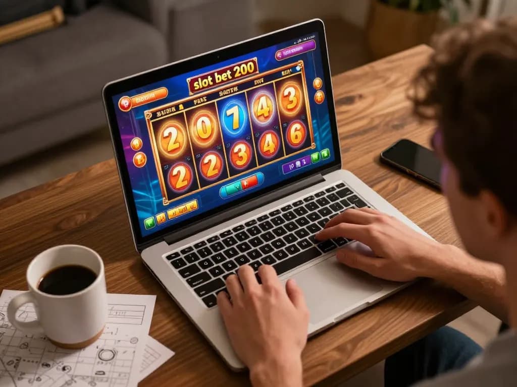 Engaged player enjoying slot bet 200 gaming in a cozy online setup.