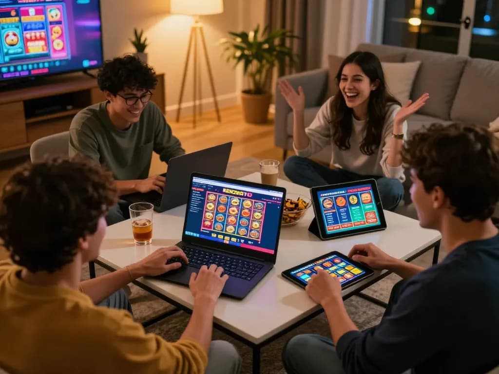 Engaging group enjoying "gacor" online slots in a cozy home gaming atmosphere with laptops and friendly interactions.