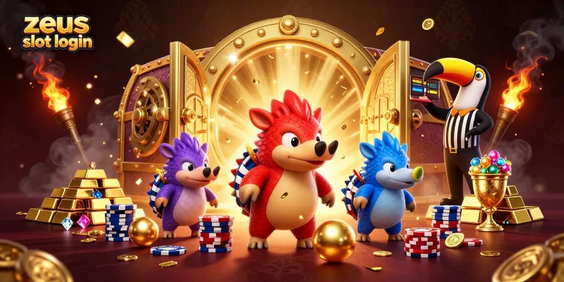Engage with zeus slot login in a vibrant 3D illustration featuring animated pangolins and treasure elements.