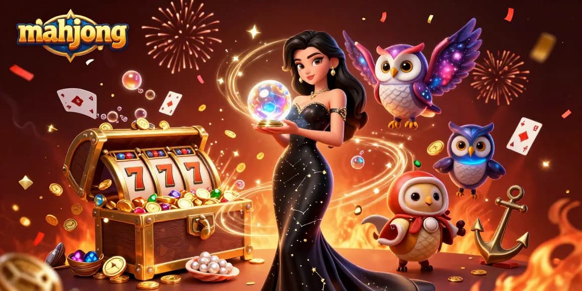 Experience thrilling mahjong action with stunning visuals, slot reels, and colorful gems cascading around.