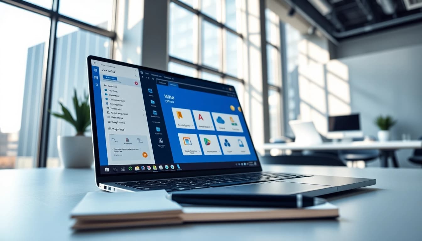 在现代办公空间的笔记本电脑上显示的 WPS Office，激发生产力与创新。