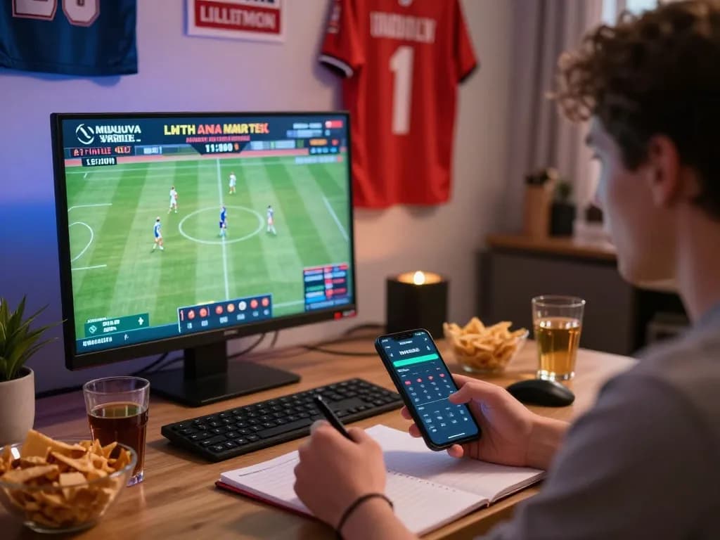 Sports betting at home with 789bet enthusiast analyzing live games on multiple screens.