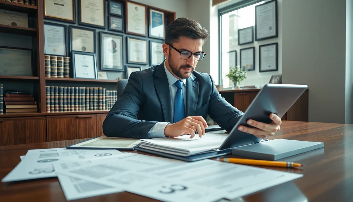 Truck accident attorney Clearwater consulting in a professional office setting with documents and technology.