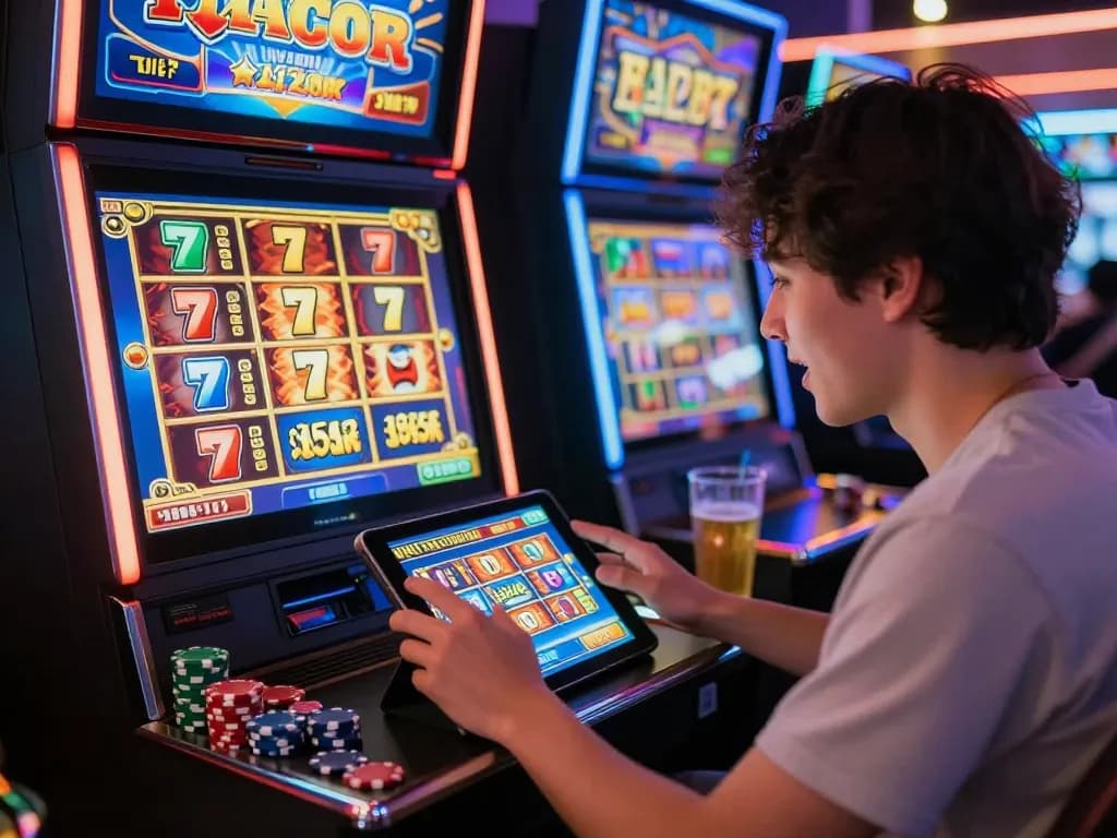 Pemain menikmati permainan slot gacor di tablet dikelilingi oleh elemen kasino yang cerah
