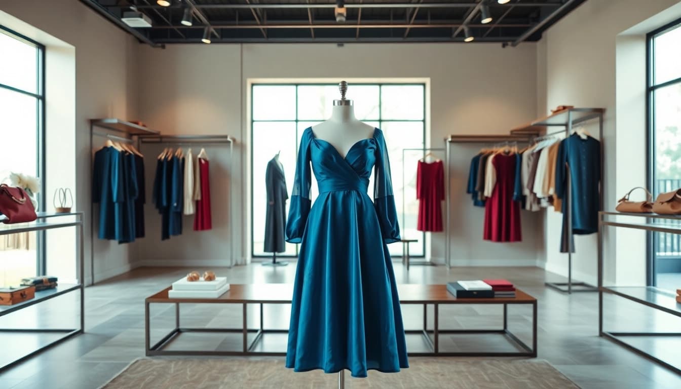 Stylish Rivelle dress showcased in a vibrant boutique setting with elegant accessories.