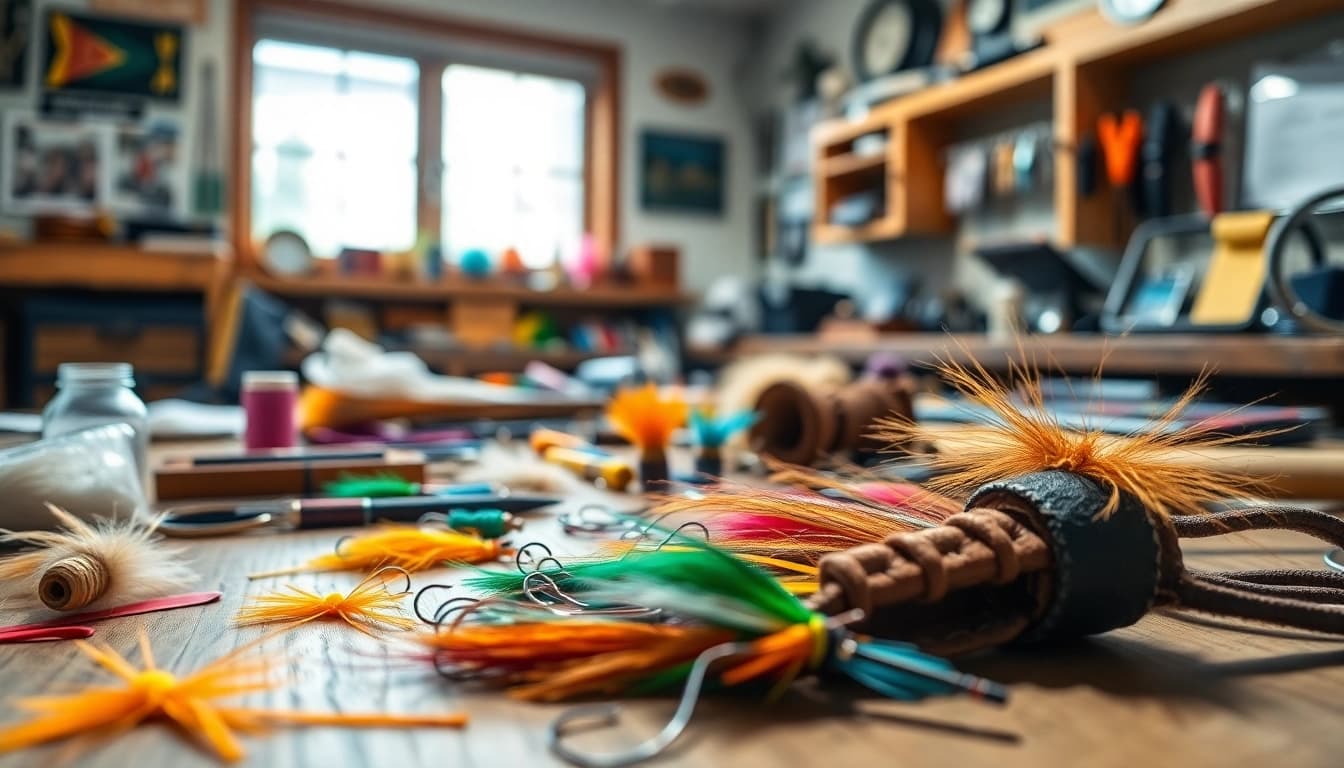 Engaging in fly tying at a vibrant workshop filled with colorful materials and tools.