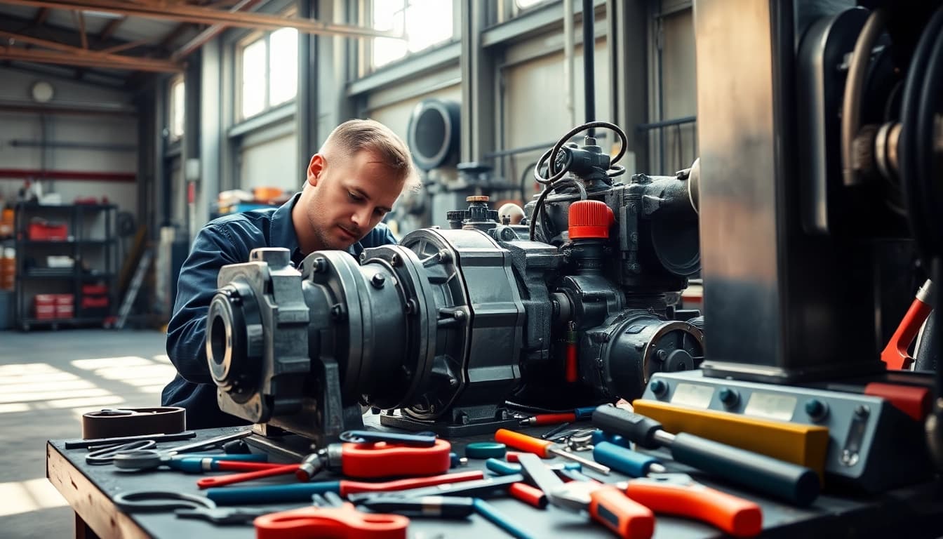Expert in hydraulic repair services examining a hydraulic pump in a professional workshop.